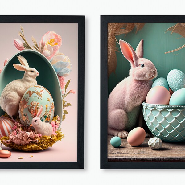 Impresión de huevos de conejito de Pascua / Juego de 2 / Impresión digital / Arte descargable / Cartel imprimible / Lienzo pastel