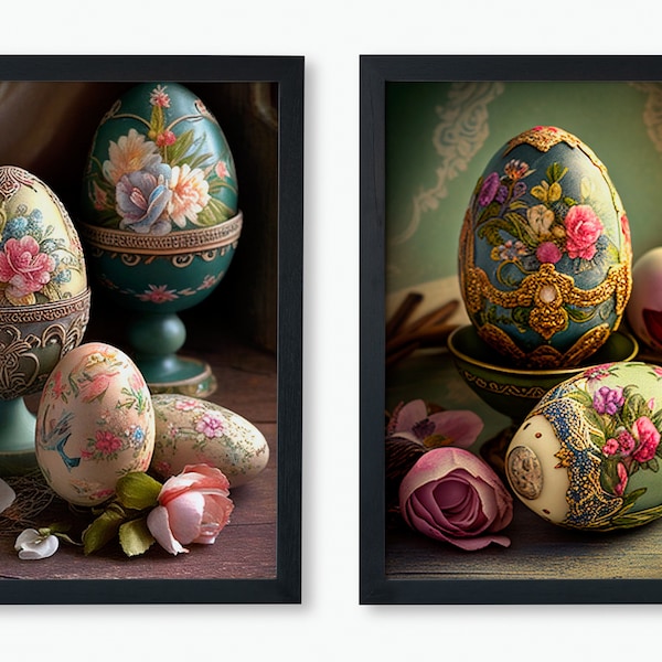 Huevos de Pascua Vintage Print / Juego de 2 / Impresión digital / Arte descargable / Cartel imprimible / Lienzo de huevos de Pascua