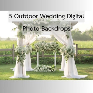 May include: Five digital photo backdrops featuring a white wedding archway decorated with white flowers and greenery, set against a green grassy field with a wooden fence.