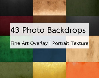 May include: A set of 43 digital photo backdrops, featuring a variety of textures and colors, including black, brown, green, red, blue, gold, and orange. The backdrops are labeled "43 Photo Backdrops" and "Fine Art Overlay | Portrait Texture".