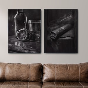 Black and White Print | Cigar, Watch, Dark, Whiskey, Rain | Set of 2 | Digital | Downloadable Art | Printable Poster | Canvas