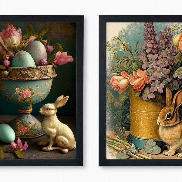 Bunny Vintage Print / Conejito de Pascua / Juego de 2 / Impresión digital / Arte descargable / Cartel imprimible / Lienzo de conejito de Pascua