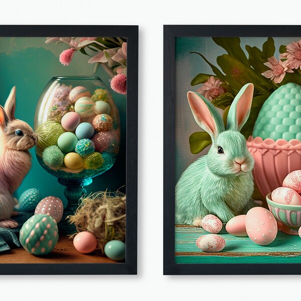 Impresión de huevos de conejito de Pascua / Juego de 2 / Impresión digital / Arte descargable / Cartel imprimible / Lienzo pastel