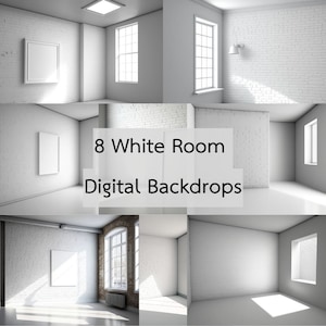 May include: Eight digital backdrops featuring white rooms with brick walls and windows. The backdrops are ideal for product photography or creating a clean and modern aesthetic.