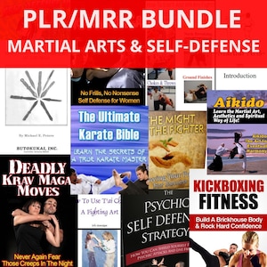 May include: A collection of book covers and images related to martial arts and self-defense. Titles include "Deadly Krav Maga Moves," "The Ultimate Karate Bible," and "Kickboxing Fitness." The image features various techniques and training methods.