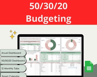 Monatliche, Jahresbudget Tracker | Exklusive 50/30/20 Budgetierung Google Sheets Tabelle | Verwalte Deine Finanzen, spare Geld | Persönliche Nutzung