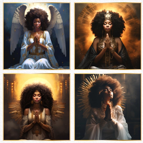 4 Set Poster, Angel Praying, Wall Art, Digital Prints, Afro Woman, African American Art, Black Woman Art Poster