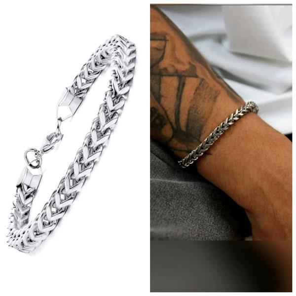Silver Foxtail Link Chain Bracelet,Silver Chain Bracelet,Sterling Silver Oxidized Foxtail Chain,Woven Flat Wheat Chain Bracelet