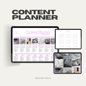 May include: A digital content planner template with a pink and white color scheme. The template includes a calendar, a monthly content grid, and a section for social media post ideas. The template is designed for a beauty business and features images of eyelashes, brows, and makeup.