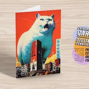 Carte de voeux vierge avec chat géant, carte d'anniversaire imprimable, carte d'amant de chat, 5x7 PDF JPG Téléchargement numérique instantané avec enveloppe imprimable