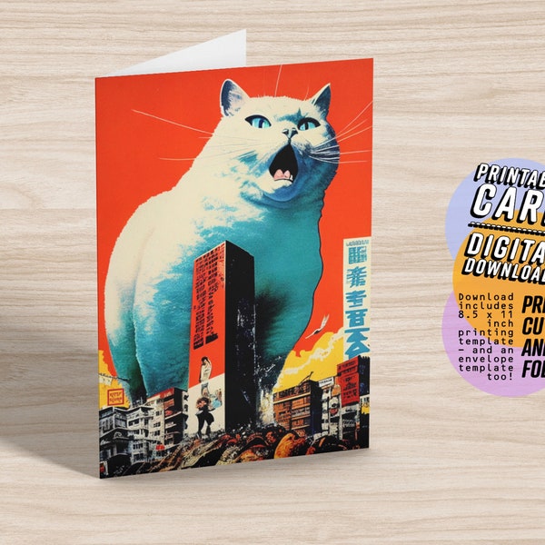 Blank Greeting Card with Giant Cat, Printable Birthday Card, Cat Lover Card, 5x7 PDF JPG Instant Digital Download with Printable Envelope