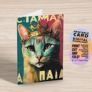 Cat with Crown Printable Greeting Card for Cat Lover, Cat Birthday Card, 5x7 PDF JPG Instant Digital Download with Printable Envelope