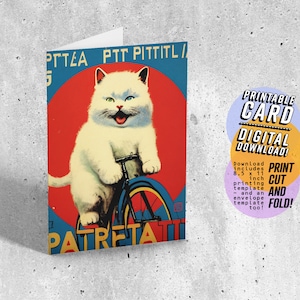 Katze auf Fahrrad leere Grußkarte, sofort druckbare Karte, Radfahrer Karten, 5 x 7 PDF JPG digitaler Download mit druckbarem Umschlag