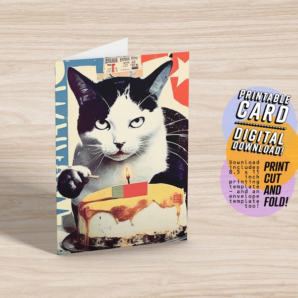 Happy Birthday Card for Cat Lover, Printable Birthday Card, Cat Lady Card, 5x7 PDF JPG Instant Digital Download with Printable Envelope