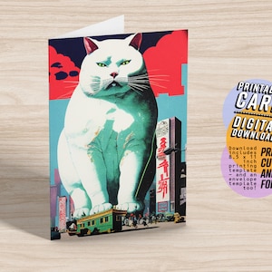 Chat géant et carte de voeux de ville, carte d'anniversaire imprimable, carte d'amant de chat, 5x7 PDF JPG Téléchargement numérique instantané avec enveloppe imprimable