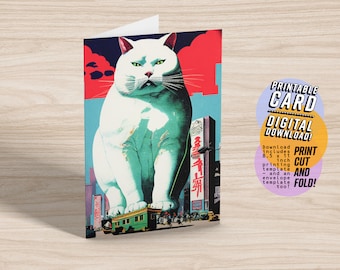 Giant Cat and City Greeting Card, Printable Birthday Card, Cat Lover Card, 5x7 PDF JPG Instant Digital Download with Printable Envelope