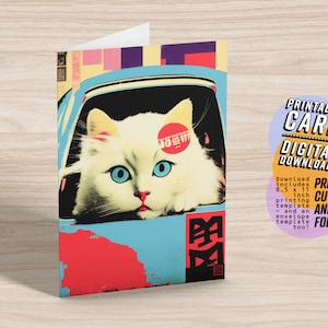 Carte de voeux vierge drôle pour les amoureux des chats, carte d'anniversaire imprimable, chat dans la voiture, 5 x 7 PDF JPG téléchargement numérique instantané avec enveloppe imprimable