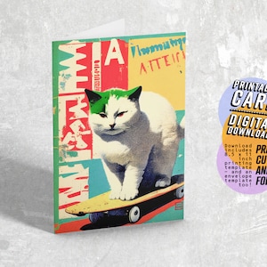Tarjeta de felicitación en blanco de gato en patineta, tarjeta imprimible instantánea, tarjetas de patinador, descarga digital PDF JPG 5x7 con sobre imprimible