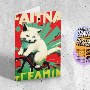 Katze auf Fahrrad Grußkarte, druckbare Geburtstagskarte, Radfahrer Karten, 5 x 7 PDF JPG Sofortiger digitaler Download mit druckbarem Umschlag
