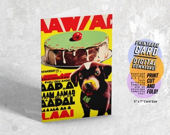 Funny Dog Birthday Card, Printable Birthday Card, Dog with Cake Card, 5x7 PDF JPG Instant Digital Download with Printable Envelope