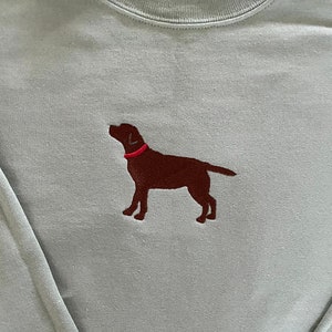 May include: A light blue sweatshirt with a brown embroidered labrador retriever wearing a red collar.