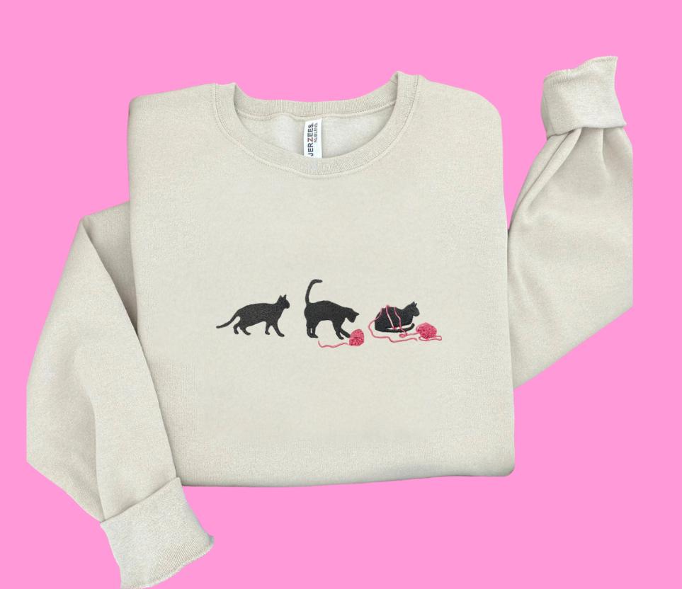 Cat with Yarn Embroidered Sweatshirt