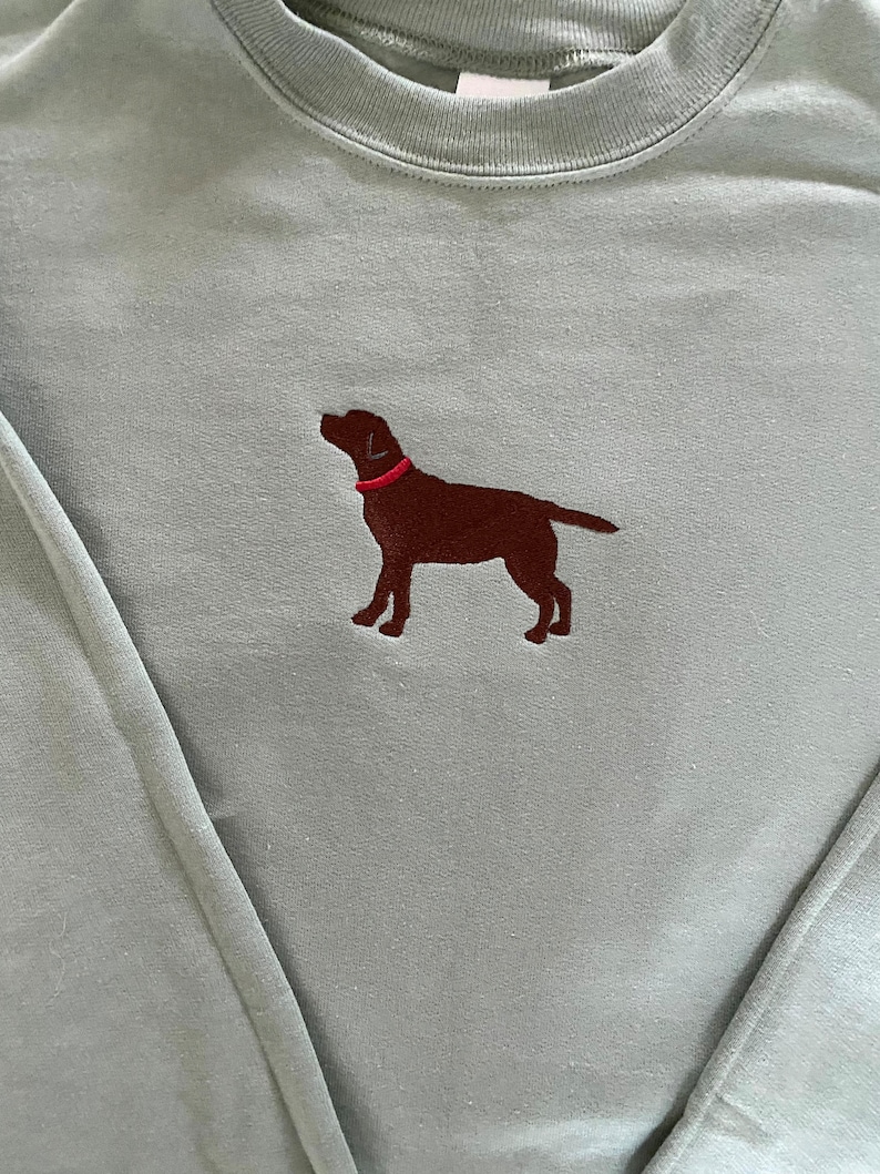 May include: A light blue sweatshirt with a brown embroidered labrador retriever wearing a red collar.