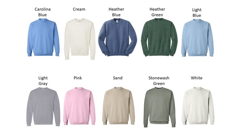 May include: A set of 10 crew neck sweatshirts in various colors, including Carolina blue, cream, heather blue, heather green, light blue, light gray, pink, sand, stonewash green, and white.