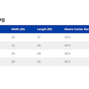 May include: A sizing chart for a garment with measurements in inches for width, length, and sleeve center back. The chart shows sizes S, M, L, and XL.