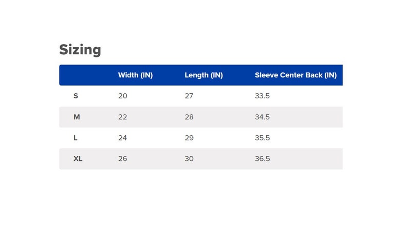 May include: A sizing chart for a garment with measurements in inches for width, length, and sleeve center back. The chart shows sizes S, M, L, and XL.