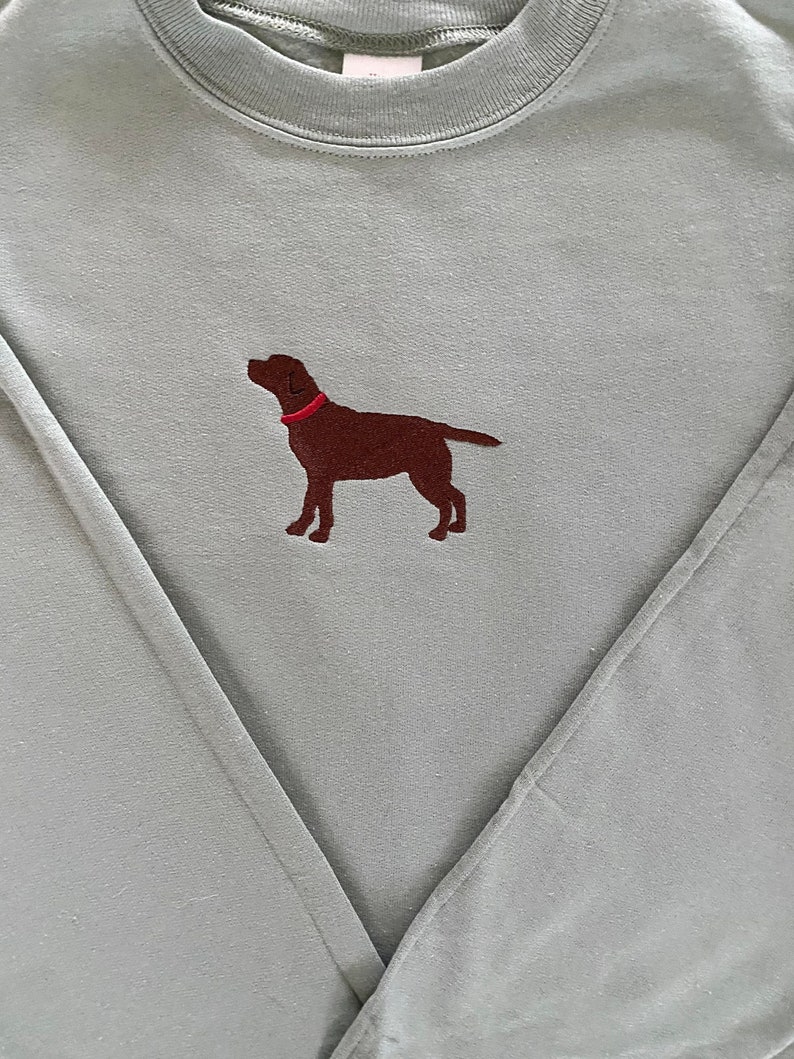 May include: A light blue sweatshirt with a brown embroidered labrador retriever wearing a red collar.