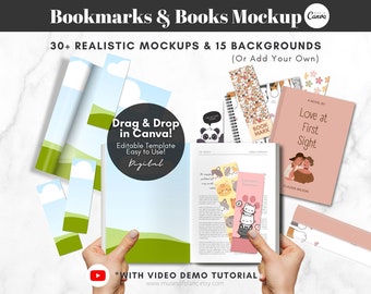 Drag and Drop Bookmark Mockups, Hardcover Book Mockups, Custom Blank Open Book Mockups, Printable Bookmark Listing Mockups, Canva Template