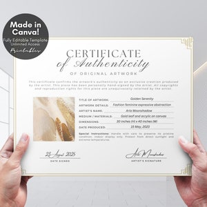 Editable Certificate of Authenticity for Artwork Template, Printable Authenticity Certificate, Artist Certificate COA Artist Documents, Editable Canva Templates - Digital Download Artist Certificate Artwork Authenticity Gold Certificate DIY Custom