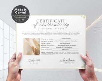 Editable Certificate of Authenticity for Artwork Template, Printable Certificate of Authenticity Artist COA Canva Template, Digital Download