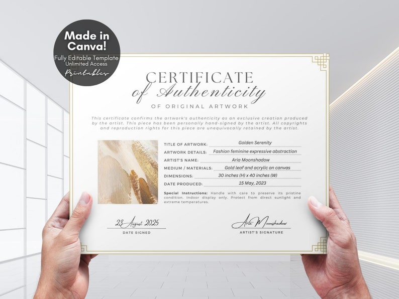 Editable Certificate of Authenticity for Artwork Template, Printable Authenticity Certificate, Artist Certificate COA Artist Documents, Editable Canva Templates - Digital Download Artist Certificate Artwork Authenticity Gold Certificate DIY Custom