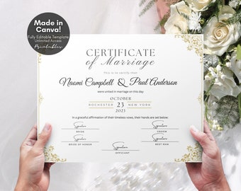 Editable Marriage Certificate Template, Printable Certificate of Marriage Keepsake, Custom Wedding Gift for Couples, Editable Canva Template