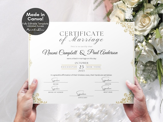Editable Marriage Certificate Template, Printable Certificate of Marriage Keepsake, Custom Wedding Gift for Couples, Editable Canva Template