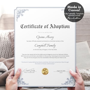 Editable Certificate of Adoption to Our Family, Printable Child Adoption Certificate, New Family Adoption Gift Custom Certificate Template