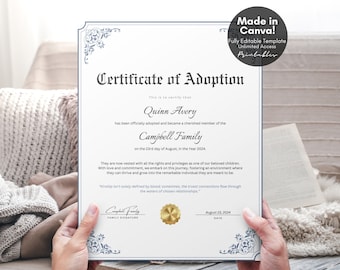 Editable Certificate of Adoption to Our Family, Printable Child Adoption Certificate, New Family Adoption Gift Custom Certificate Template