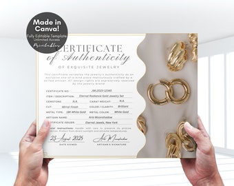 Editable Certificate of Authenticity for Jewelry Template, Printable Authenticity Certificate for Gemstone COA for Jewellery, Canva Template
