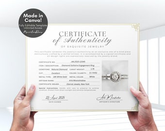 Editable Certificate of Authenticity for Jewelry Template, Printable Authenticity Certificate for Gemstone COA for Jewellery, Canva Template