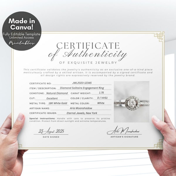 Editable Certificate of Authenticity for Jewelry Template, Printable Authenticity Certificate for Gemstone COA for Jewellery, Canva Template