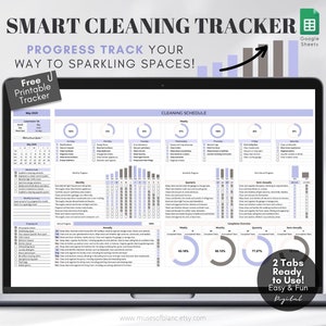 May include: A laptop computer displaying a digital cleaning tracker spreadsheet with a purple and gray color scheme. The spreadsheet has tabs for weekly, monthly, quarterly, and semi-annual cleaning tasks. The title of the spreadsheet is "SMART CLEANING TRACKER". The text "Free U Printable Tracker" is in a box at the top left of the image. The text "2 Tabs Ready to Use! Easy & Fun Digital" is in a box at the bottom right of the image. The text "www.musesofblanc.etsy.com" is at the bottom of the image.