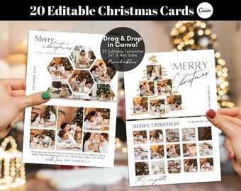May include: Two white Christmas cards with family photos and the text "Merry Christmas." The cards have the text "20 Editable Christmas Cards" and "Drag & Drop in Canva!" The cards are 5x7 & 4x6 sizes.