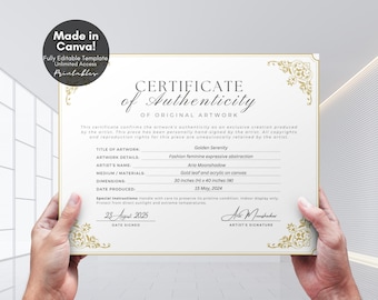Editable Certificate of Authenticity for Artwork Template, Printable Certificate of Authenticity Artist COA Canva Template, Digital Download