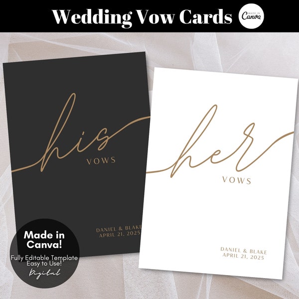 Editable Wedding Vows Card Template, Editable Canva Template Wedding Vow Templates Printable His Vow Card, Her Vow Card - Digital Download