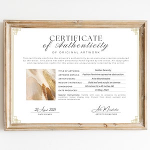 Editable Certificate of Authenticity for Artwork Template, Printable Authenticity Certificate, Artist Certificate COA Artist Documents, Editable Canva Templates - Digital Download Artist Certificate Artwork Authenticity Gold Certificate DIY Custom