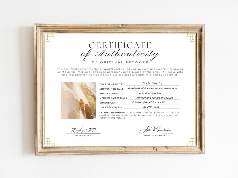 Editable Certificate of Authenticity for Artwork Template, Printable Authenticity Certificate, Artist Certificate COA Artist Documents, Editable Canva Templates - Digital Download Artist Certificate Artwork Authenticity Gold Certificate DIY Custom