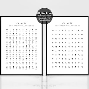 May include: A digital print featuring two identical posters titled Chinese 100 Basic Characters. Each poster displays a grid of 100 black Chinese characters with their corresponding pinyin pronunciation printed in a clean, black font on a white background.