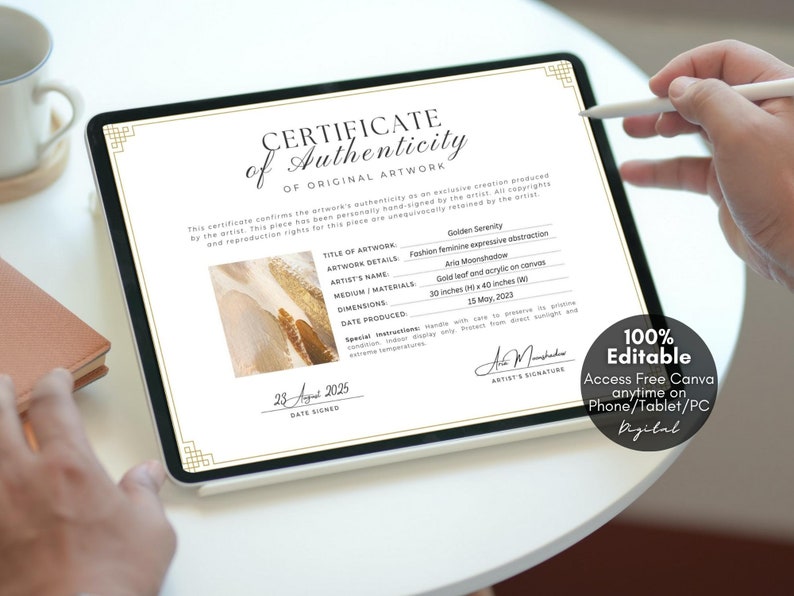 Editable Certificate of Authenticity for Artwork Template, Printable Authenticity Certificate, Artist Certificate COA Artist Documents, Editable Canva Templates - Digital Download Artist Certificate Artwork Authenticity Gold Certificate DIY Custom